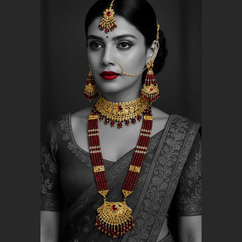 Bridal Red Beaded Gold Plated Jewellery Set – Necklace, Earrings & Maang Tikka