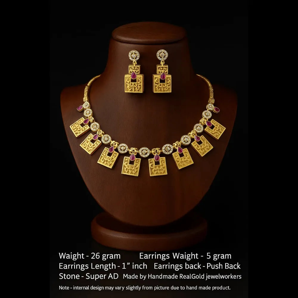 Exclusive Onegram Gold Plated Short Necklace Jewellery Set with Matching Earrings | Handmade RealGold Work
