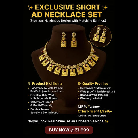 Exclusive Onegram Gold Plated Short Necklace Jewellery Set with Matching Earrings | Handmade RealGold Work