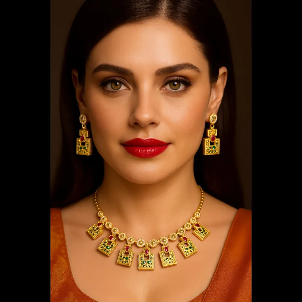 Exclusive Onegram Gold Plated Short Necklace Jewellery Set with Matching Earrings | Handmade RealGold Work
