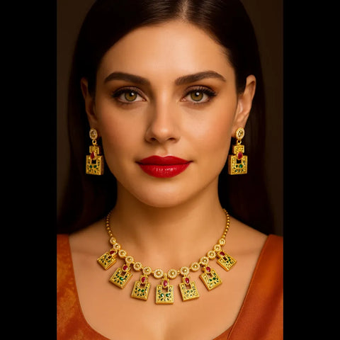 Exclusive Onegram Gold Plated Short Necklace Jewellery Set with Matching Earrings | Handmade RealGold Work