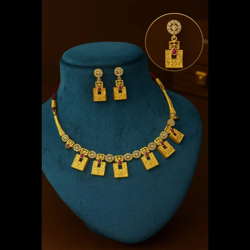 Exclusive Onegram Gold Plated Short Necklace Jewellery Set with Matching Earrings | Handmade RealGold Work