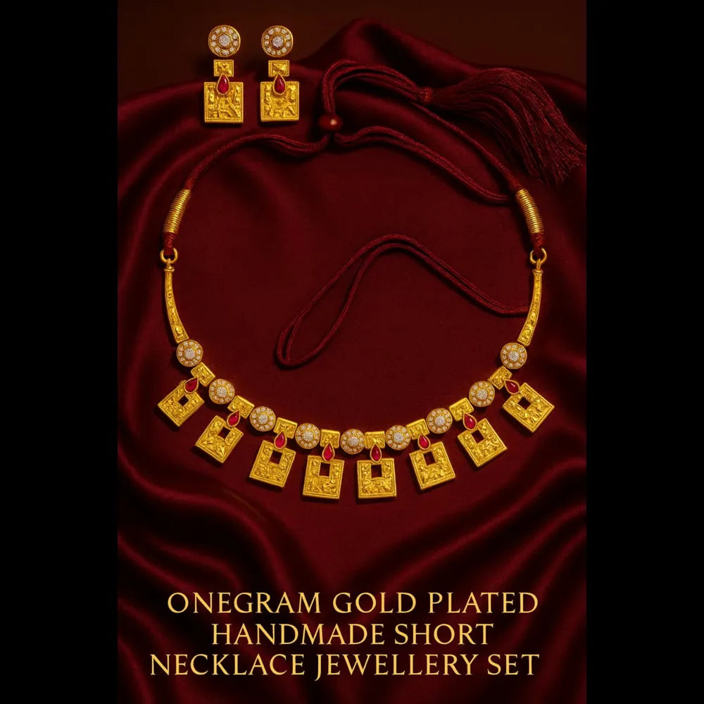 Exclusive Onegram Gold Plated Short Necklace Jewellery Set with Matching Earrings | Handmade RealGold Work