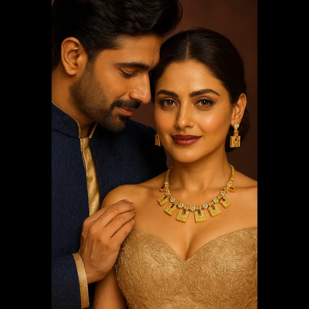 Exclusive Onegram Gold Plated Short Necklace Jewellery Set with Matching Earrings | Handmade RealGold Work