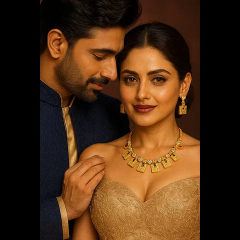 Exclusive Onegram Gold Plated Short Necklace Jewellery Set with Matching Earrings | Handmade RealGold Work