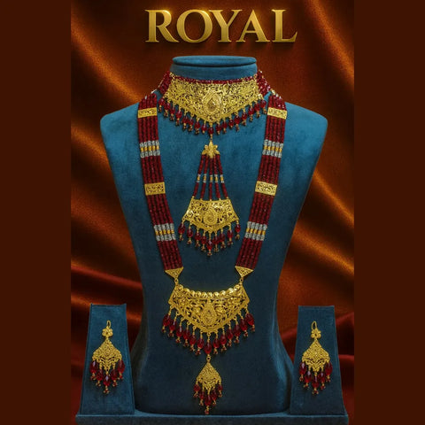 Exclusive Maroon Crystal Beads & Gold Finish Bridal Combo Jewellery Set (Choker + Long Necklace + Earrings + Maangtika + Pasa + Nath)