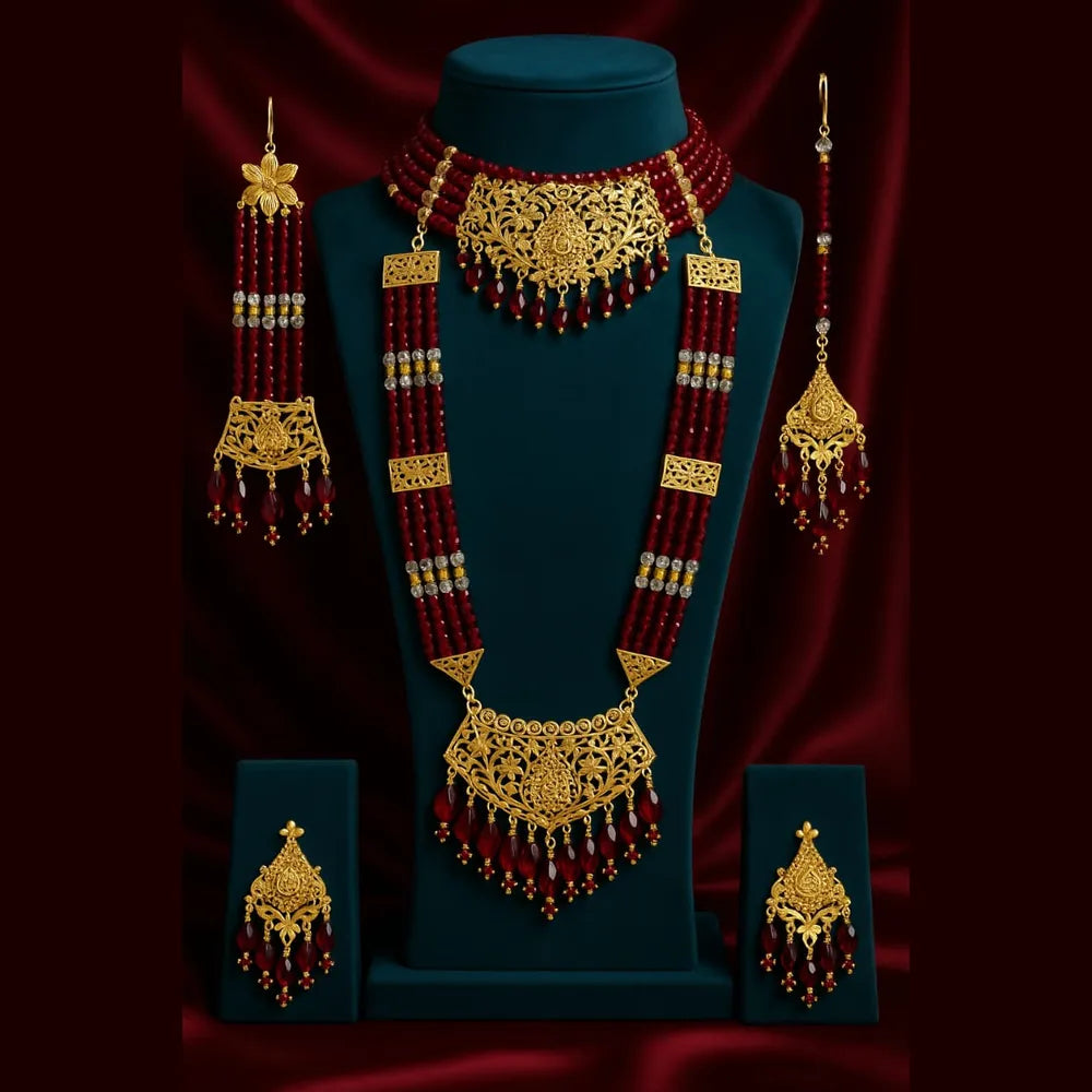 Exclusive Maroon Crystal Beads & Gold Finish Bridal Combo Jewellery Set (Choker + Long Necklace + Earrings + Maangtika + Pasa + Nath)
