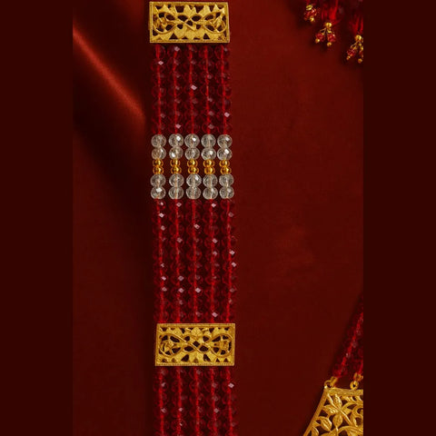 Exclusive Maroon Crystal Beads & Gold Finish Bridal Combo Jewellery Set (Choker + Long Necklace + Earrings + Maangtika + Pasa + Nath)