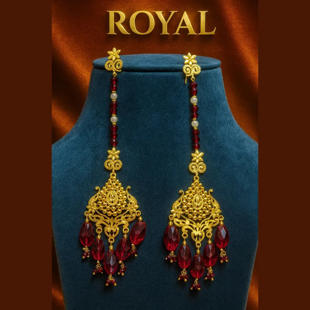 Exclusive Maroon Crystal Beads & Gold Finish Bridal Combo Jewellery Set (Choker + Long Necklace + Earrings + Maangtika + Pasa + Nath)