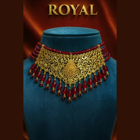 Exclusive Maroon Crystal Beads & Gold Finish Bridal Combo Jewellery Set (Choker + Long Necklace + Earrings + Maangtika + Pasa + Nath)