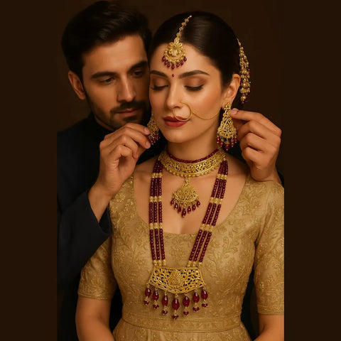 Exclusive Maroon Crystal Beads & Gold Finish Bridal Combo Jewellery Set (Choker + Long Necklace + Earrings + Maangtika + Pasa + Nath)