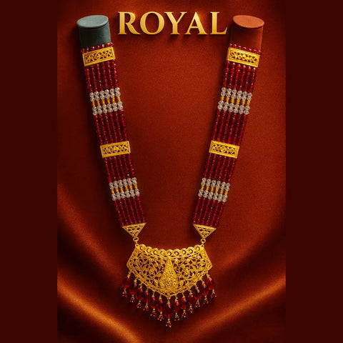 Exclusive Maroon Crystal Beads & Gold Finish Bridal Combo Jewellery Set (Choker + Long Necklace + Earrings + Maangtika + Pasa + Nath)