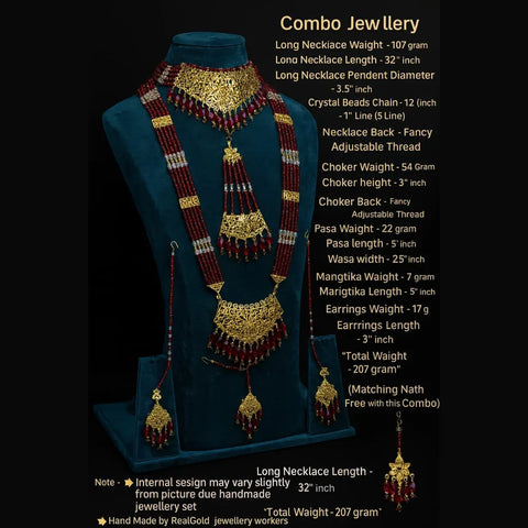 Exclusive Maroon Crystal Beads & Gold Finish Bridal Combo Jewellery Set (Choker + Long Necklace + Earrings + Maangtika + Pasa + Nath)