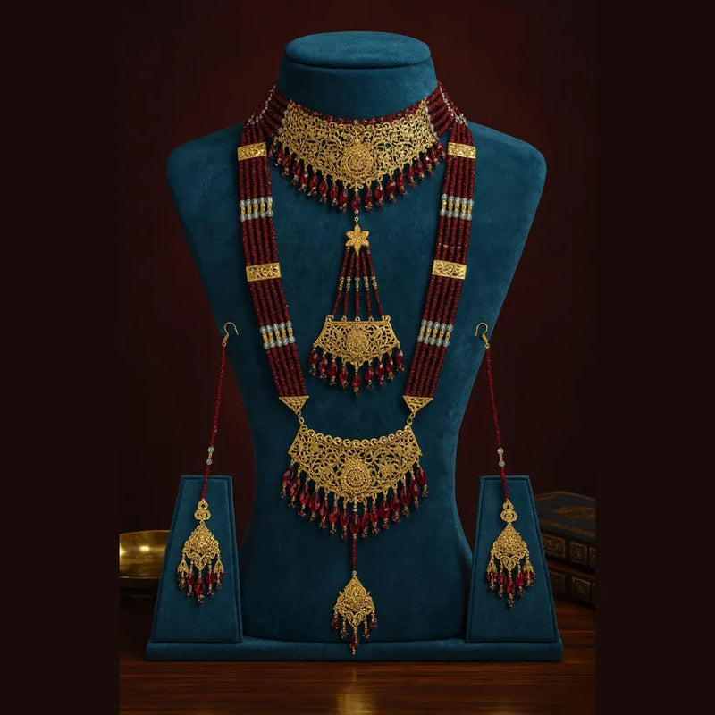 Exclusive Maroon Crystal Beads & Gold Finish Bridal Combo Jewellery Set (Choker + Long Necklace + Earrings + Maangtika + Pasa + Nath)