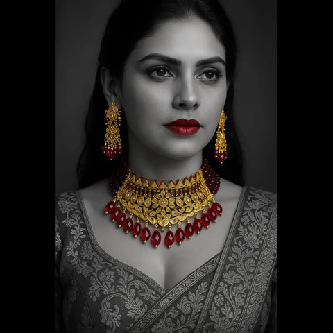 Handmade OneGram Gold Bridal Necklace Set with Earrings & Red Beads | Zevar House Lucknow