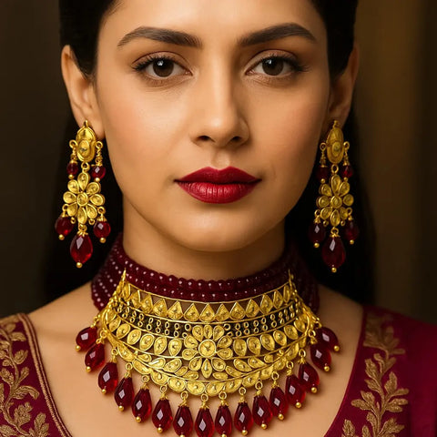 Handmade OneGram Gold Bridal Necklace Set with Earrings & Red Beads | Zevar House Lucknow