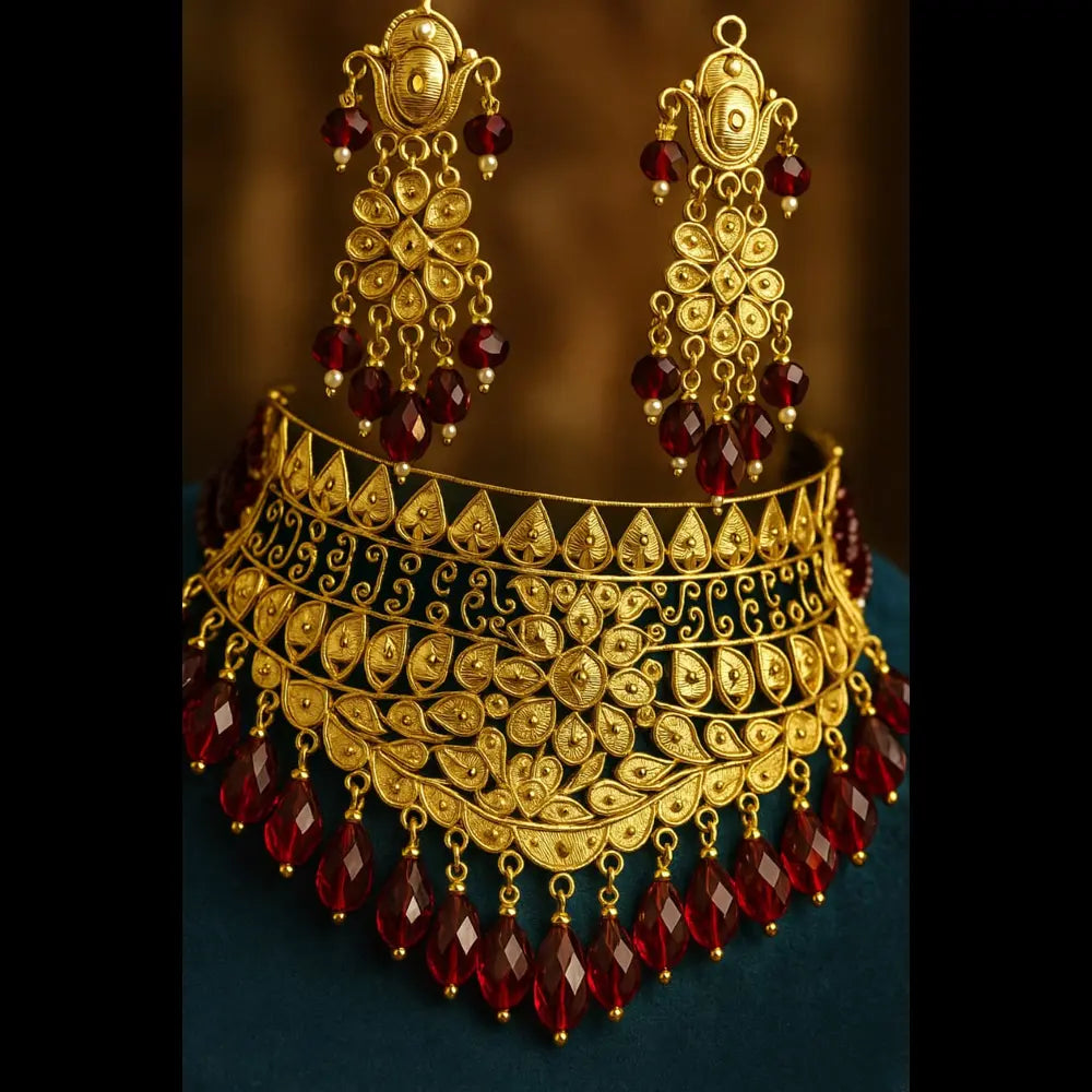 Handmade OneGram Gold Bridal Necklace Set with Earrings & Red Beads | Zevar House Lucknow