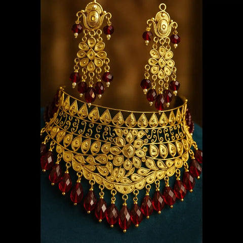 Handmade OneGram Gold Bridal Necklace Set with Earrings & Red Beads | Zevar House Lucknow