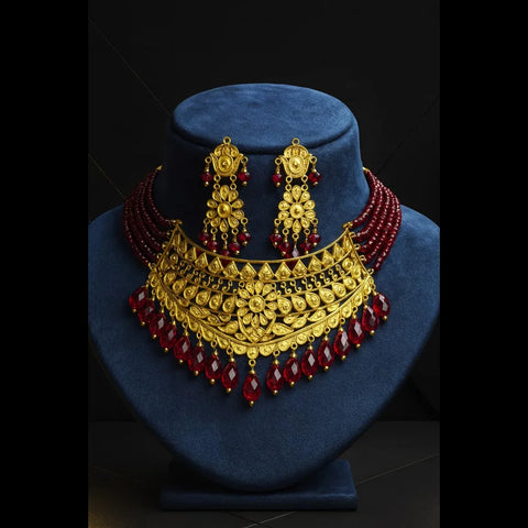 Handmade OneGram Gold Bridal Necklace Set with Earrings & Red Beads | Zevar House Lucknow