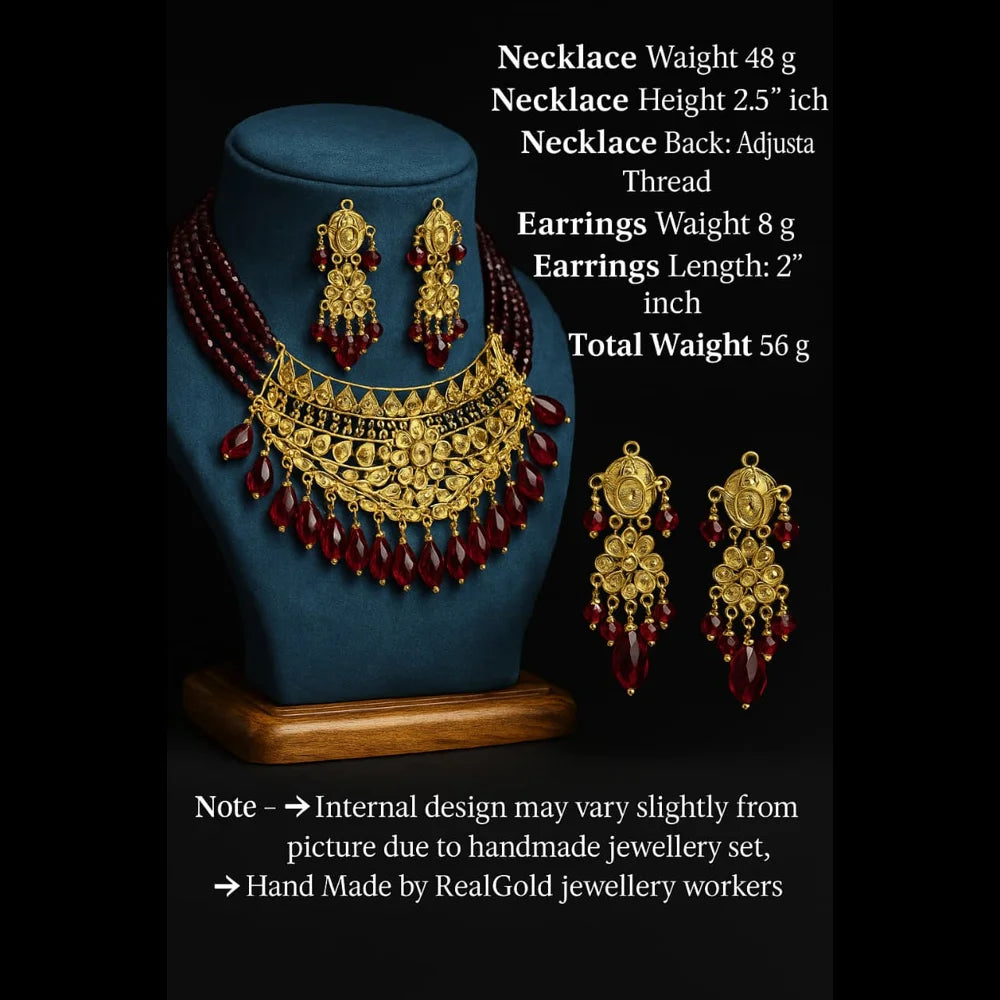 Handmade OneGram Gold Bridal Necklace Set with Earrings & Red Beads | Zevar House Lucknow