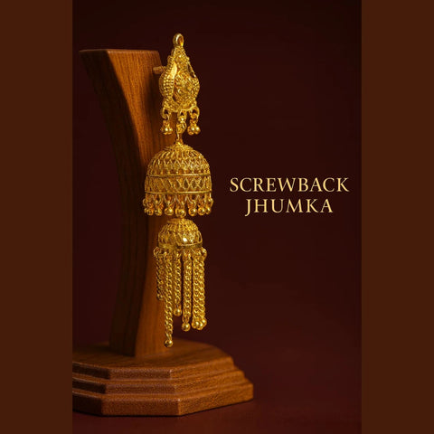 One Gram Gold Plated Screwback Handmade Jhumka Earrings – Triple Layer Bridal Design