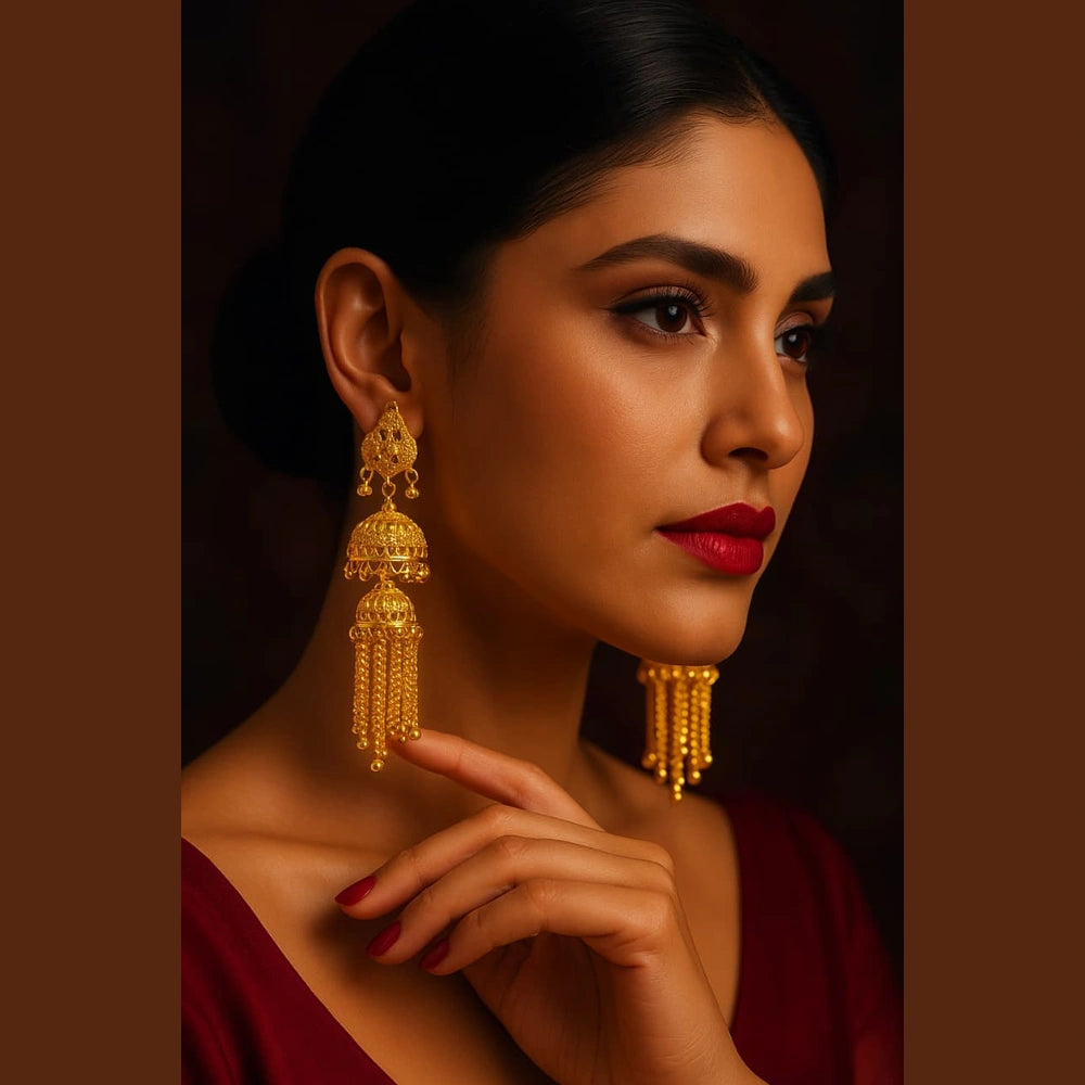 One Gram Gold Plated Screwback Handmade Jhumka Earrings – Triple Layer Bridal Design