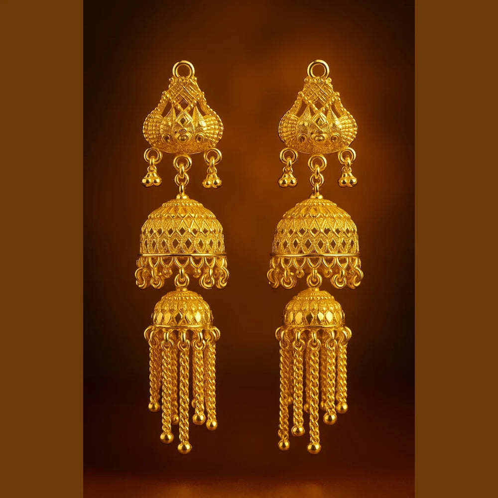 One Gram Gold Plated Screwback Handmade Jhumka Earrings – Triple Layer Bridal Design