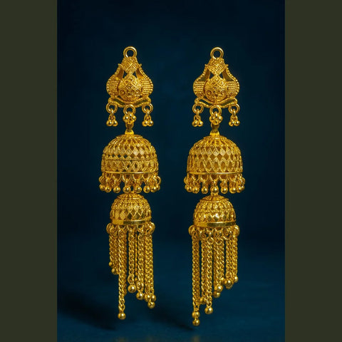 One Gram Gold Plated Screwback Handmade Jhumka Earrings – Triple Layer Bridal Design