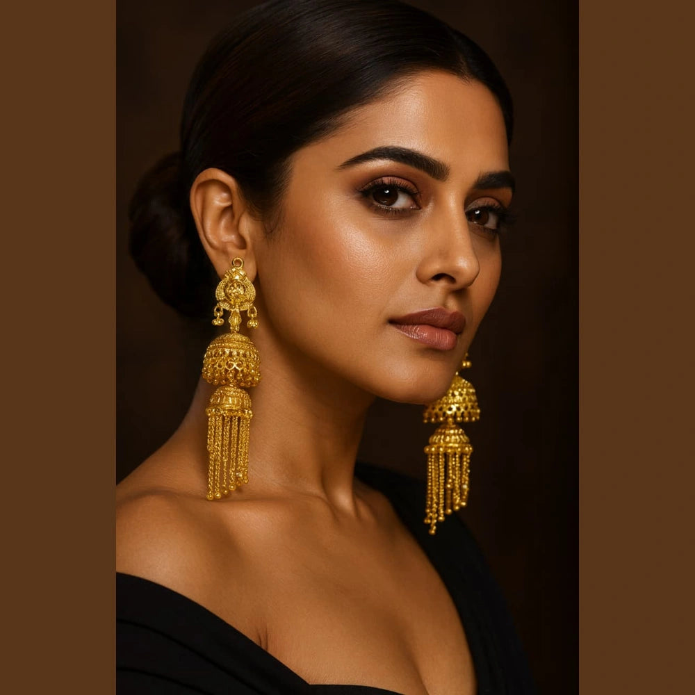 One Gram Gold Plated Screwback Handmade Jhumka Earrings – Triple Layer Bridal Design