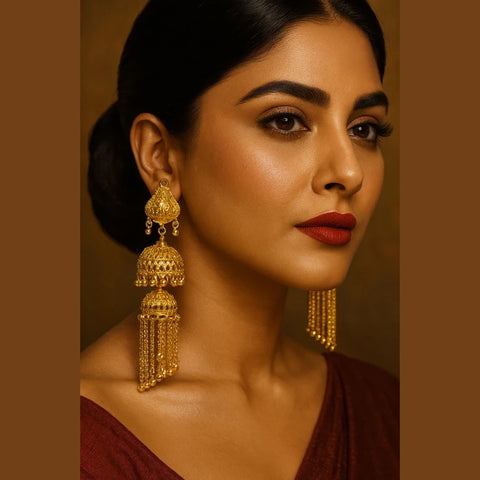 One Gram Gold Plated Screwback Handmade Jhumka Earrings – Triple Layer Bridal Design