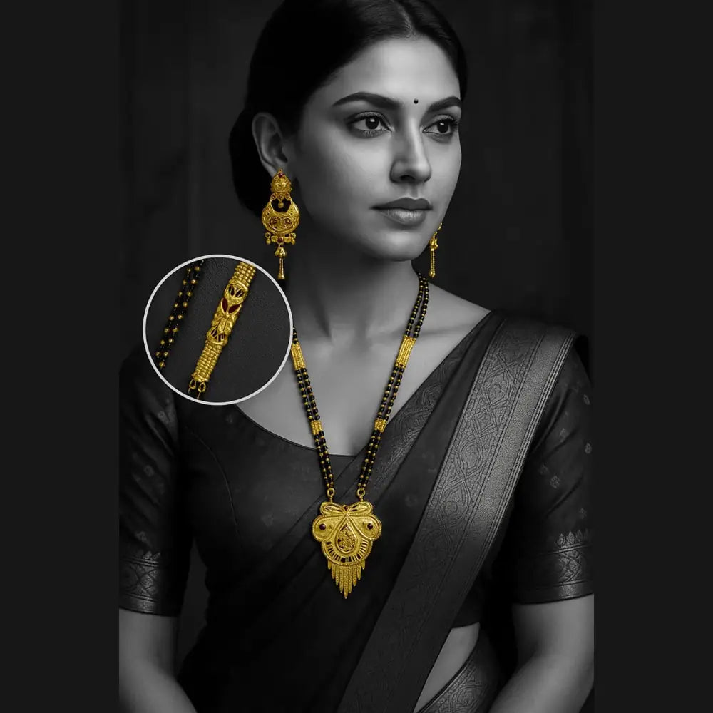 Exclusive Long Gold Plated Mangalsutra with Designer Pendant & Earrings