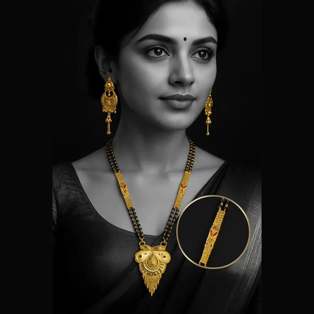 Exclusive Long Gold Plated Mangalsutra with Designer Pendant & Earrings