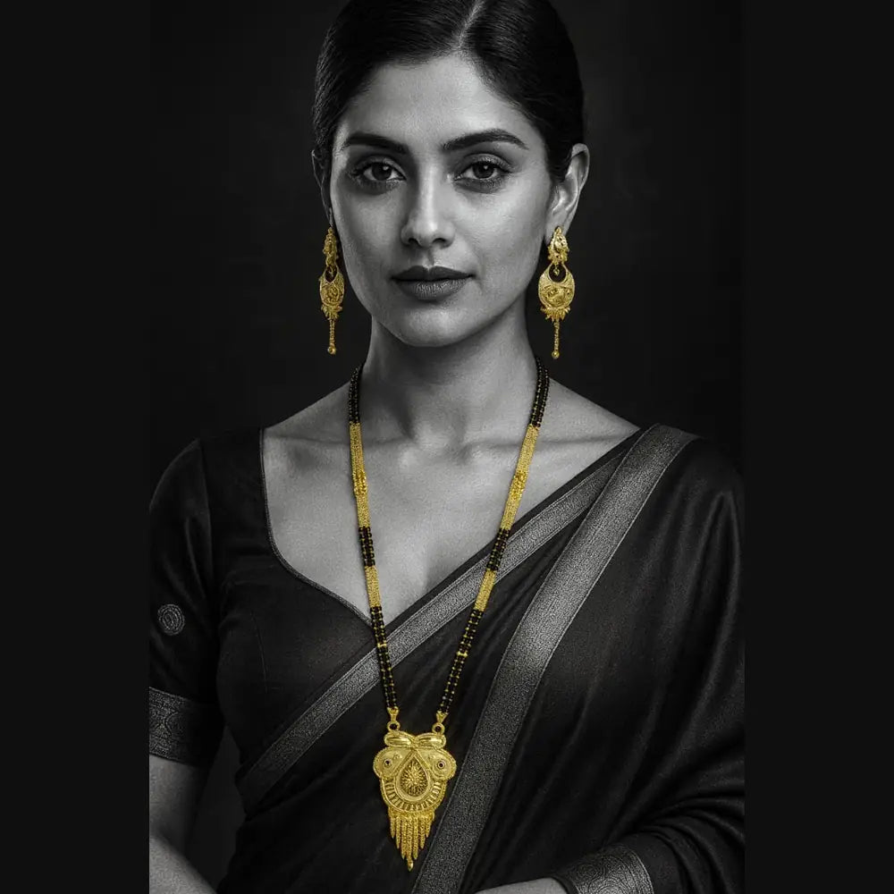 Exclusive Long Gold Plated Mangalsutra with Designer Pendant & Earrings