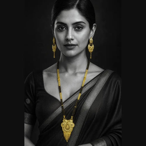 Exclusive Long Gold Plated Mangalsutra with Designer Pendant & Earrings