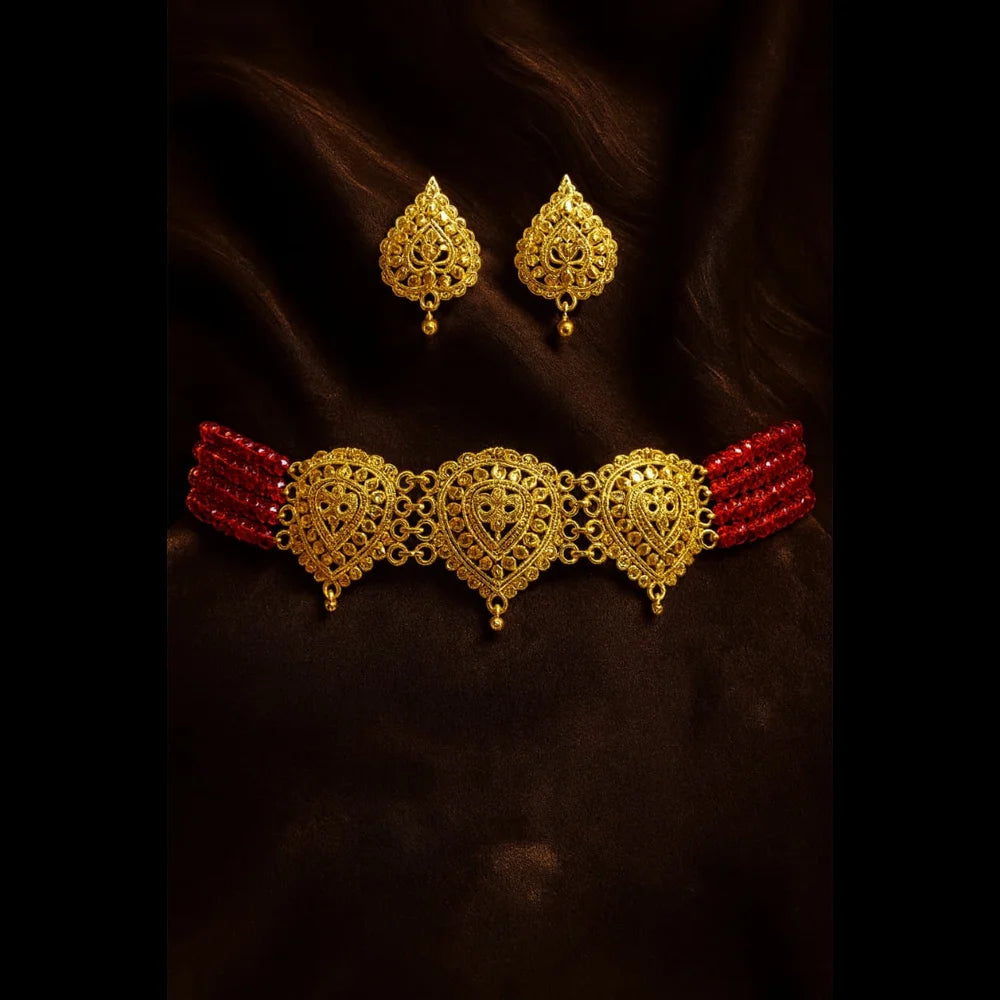 Traditional Red Beads & Gold Plated Choker Set with Earrings – Handmade Jewellery