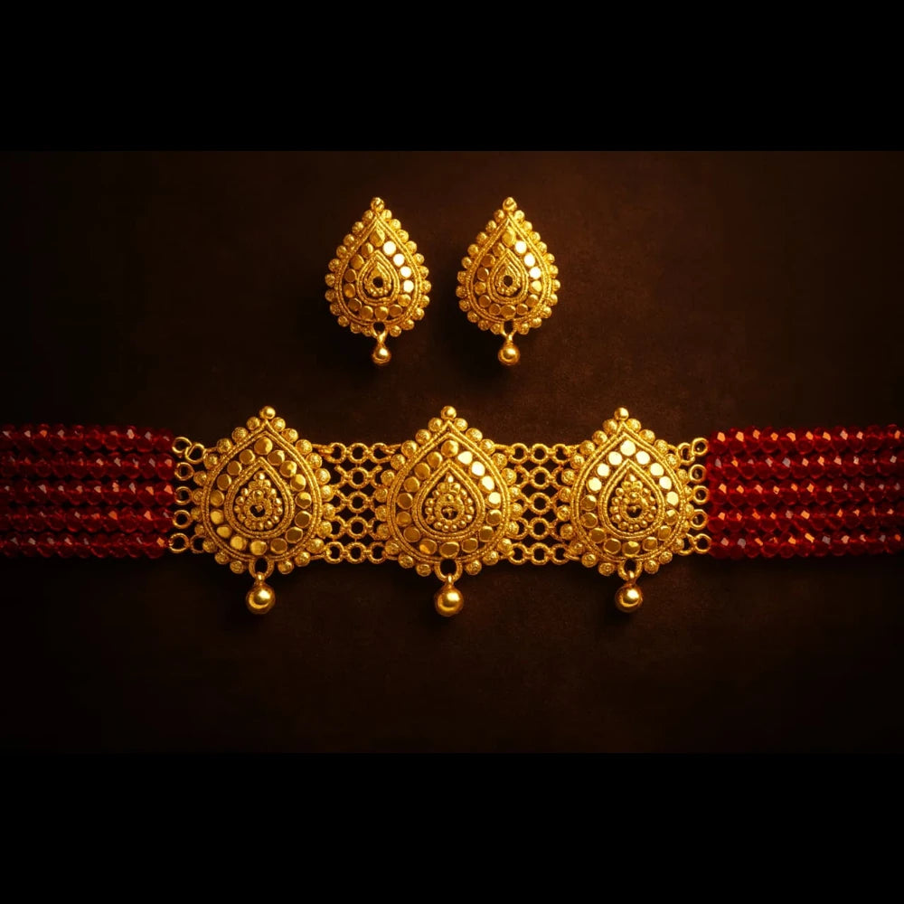 Traditional Red Beads & Gold Plated Choker Set with Earrings – Handmade Jewellery