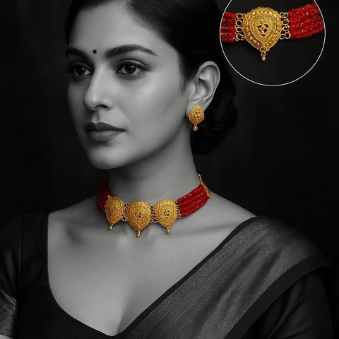 Traditional Red Beads & Gold Plated Choker Set with Earrings – Handmade Jewellery