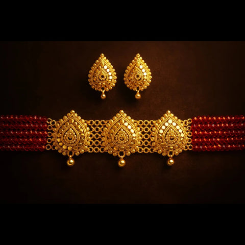 Traditional Red Beads & Gold Plated Choker Set with Earrings – Handmade Jewellery