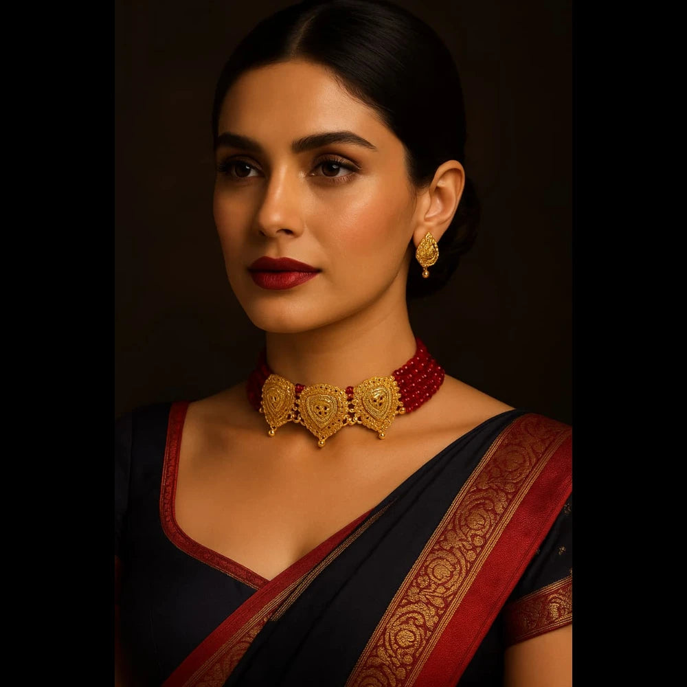 Traditional Red Beads & Gold Plated Choker Set with Earrings – Handmade Jewellery