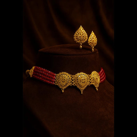 Traditional Red Beads & Gold Plated Choker Set with Earrings – Handmade Jewellery