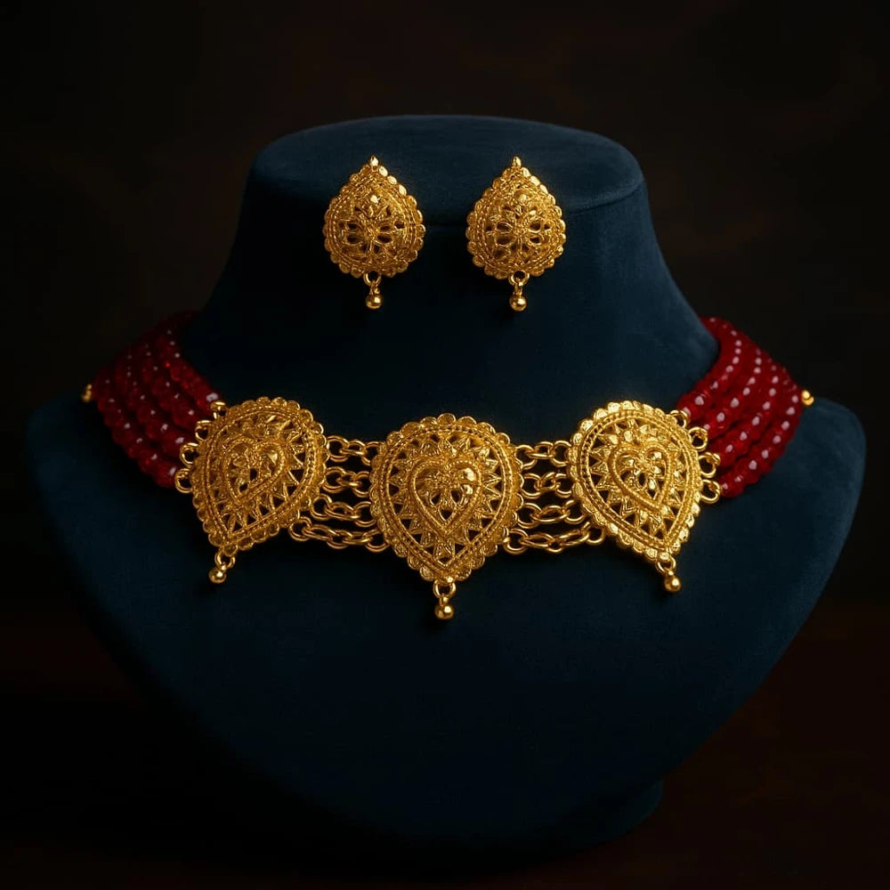 Traditional Red Beads & Gold Plated Choker Set with Earrings – Handmade Jewellery