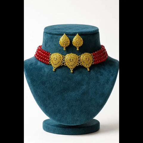 Traditional Red Beads & Gold Plated Choker Set with Earrings – Handmade Jewellery