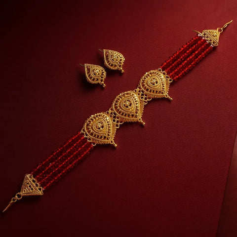 Traditional Red Beads & Gold Plated Choker Set with Earrings – Handmade Jewellery