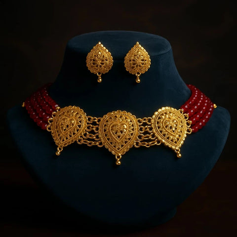 Traditional Red Beads & Gold Plated Choker Set with Earrings – Handmade Jewellery
