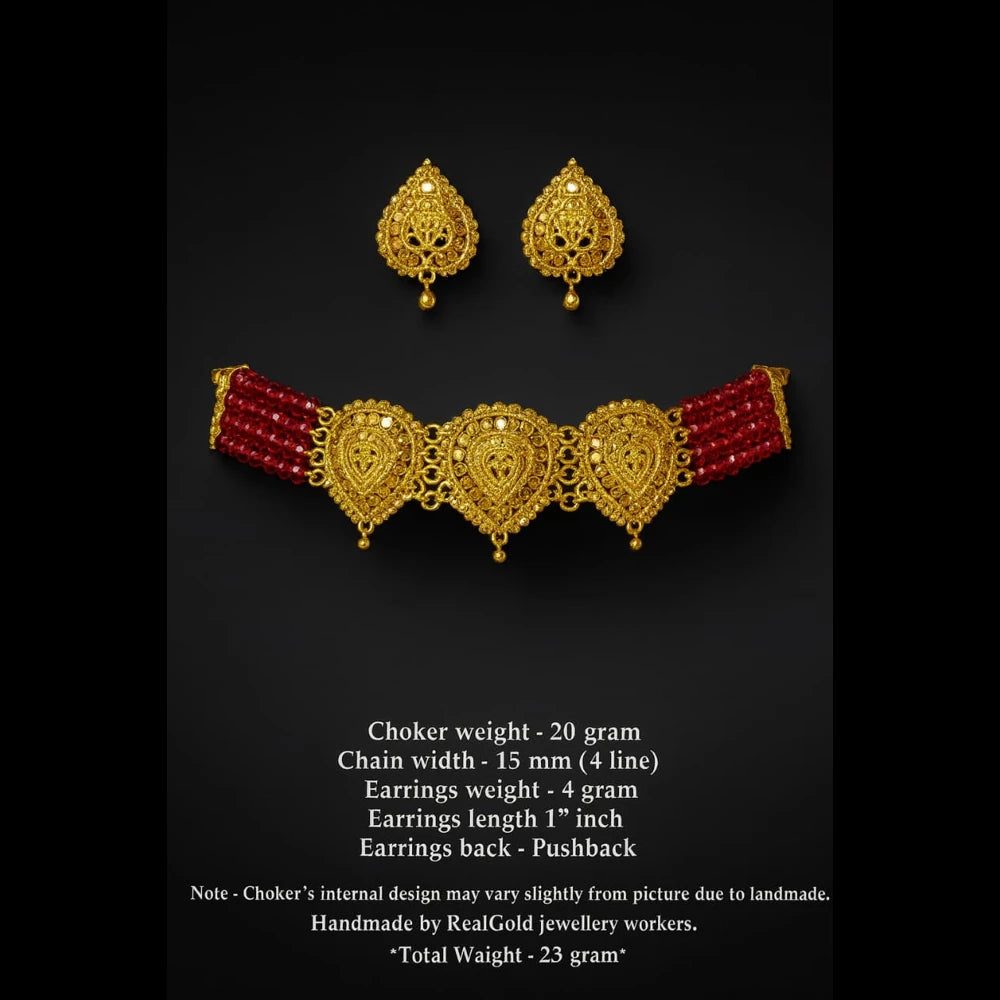 Traditional Red Beads & Gold Plated Choker Set with Earrings – Handmade Jewellery