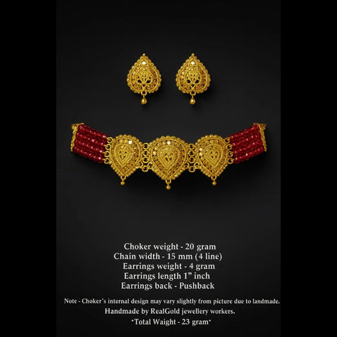 Traditional Red Beads & Gold Plated Choker Set with Earrings – Handmade Jewellery