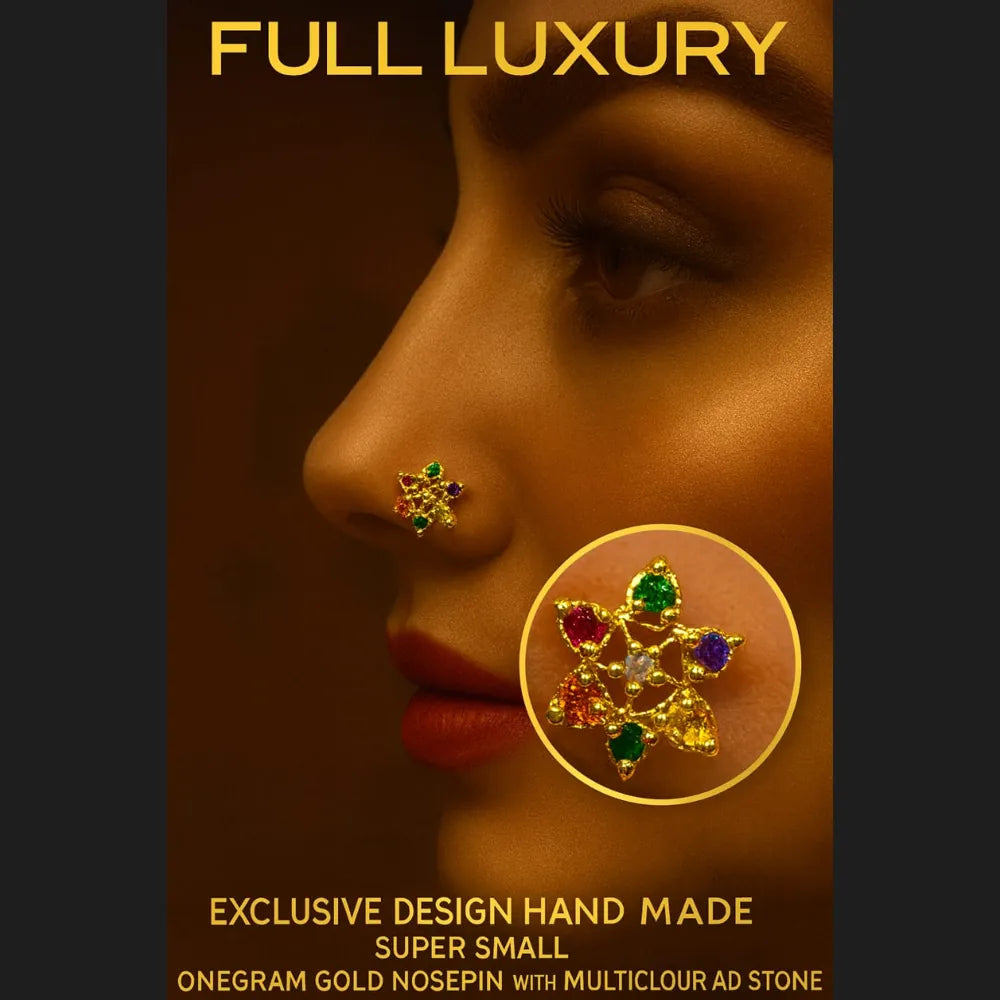 Traditional Indian handmade nosepin with multicolour stones