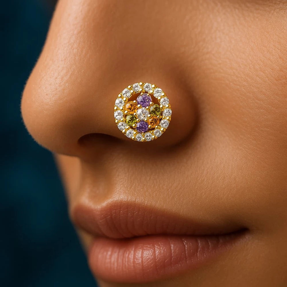 Elegant Multicolour Zirconia Nosepin – Handmade Gold Plated Design