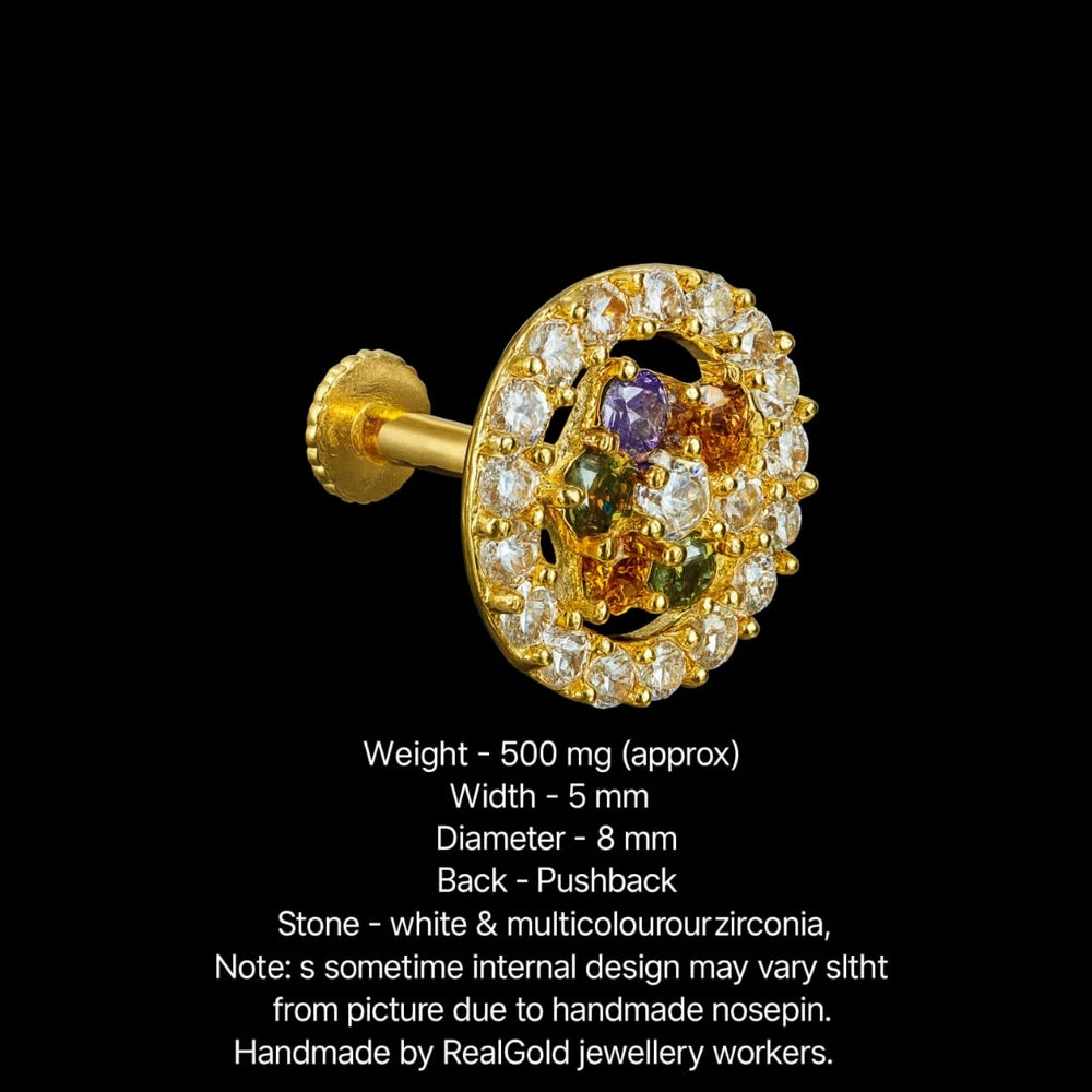Elegant Multicolour Zirconia Nosepin – Handmade Gold Plated Design