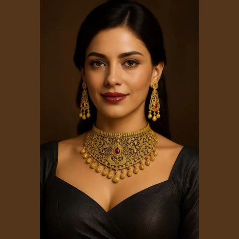 Exclusive One Gram Gold Choker Necklace Set with Earrings – Bridal Jewellery